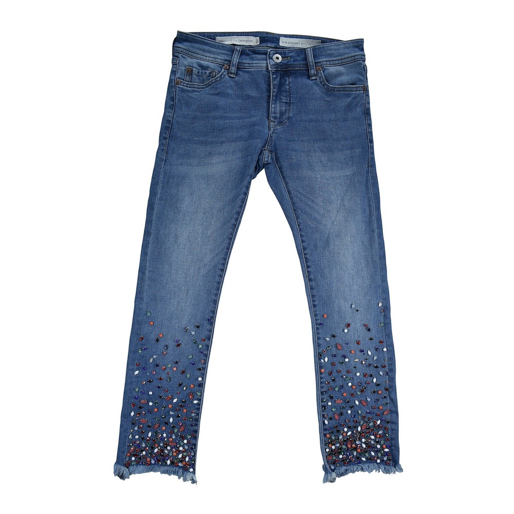 Pilcro and the Letterpress Slim Straight Embellished Frayed Jeans Blue Petite 25